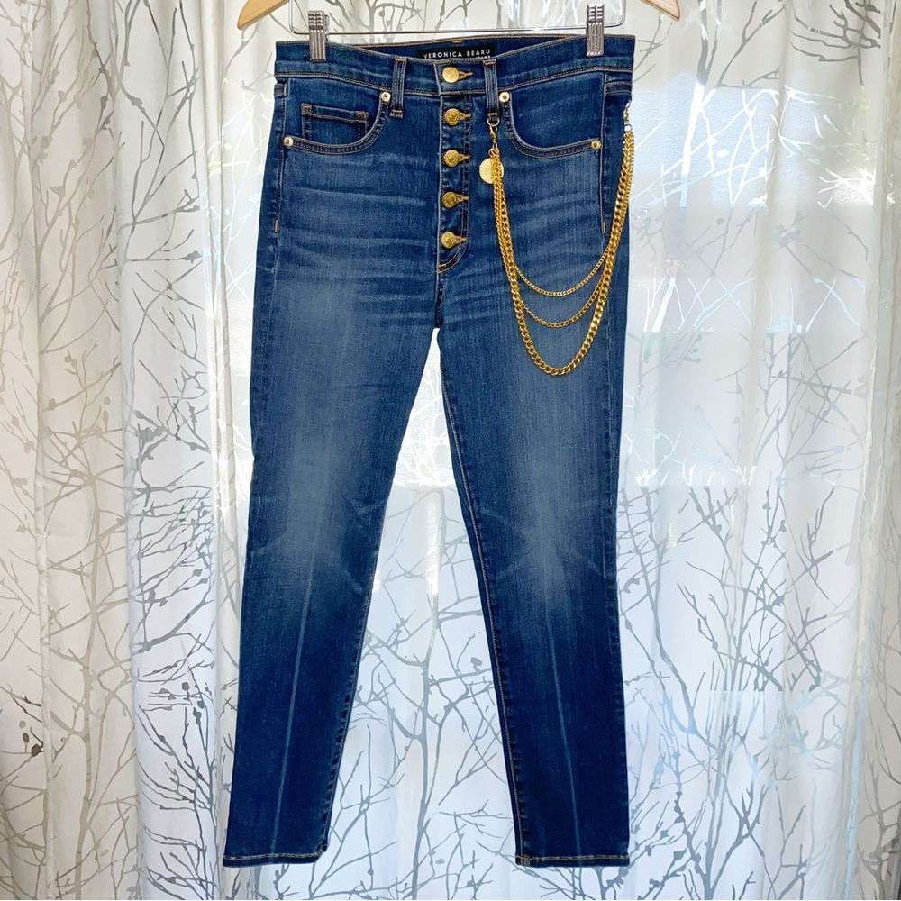 VERONICA BEARD DEBBIE HANGING GOLD CHAIN SKINNY LEG HIGH RISE WAISTED BLUE JEANS - Picture 5 of 14